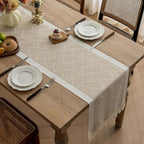 woven tassel table runner in sandstone