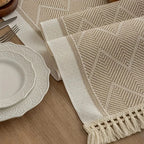 woven tassel table runner in sandstone