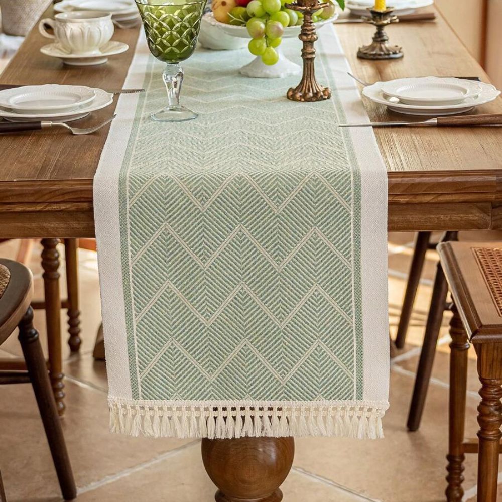 woven tassel table runner in sage green
