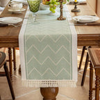 woven tassel table runner in sage green