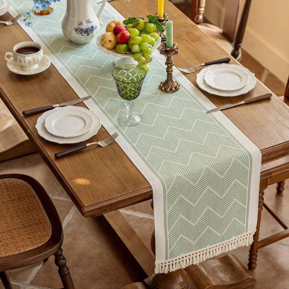 woven tassel table runner in sage green