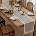 woven tassel table runner in muted grey
