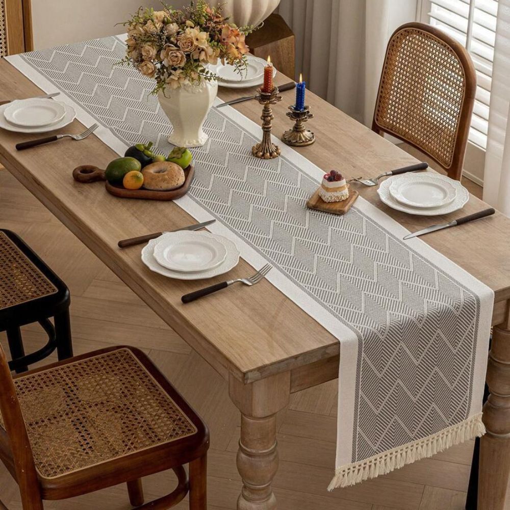 woven tassel table runner in muted grey