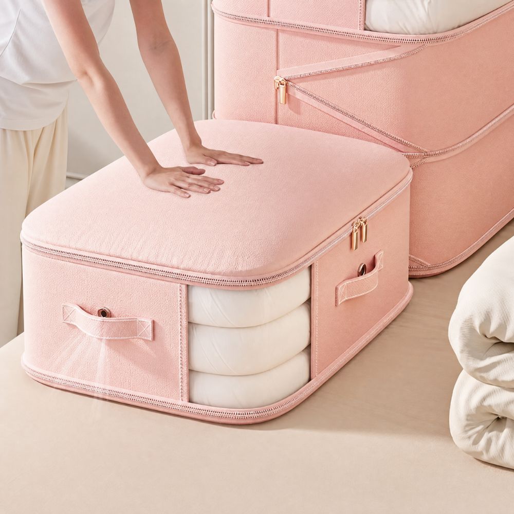 zipped compression storage bag in blush pink
