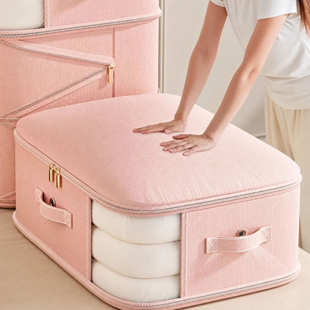 zipped compression storage bag in blush pink